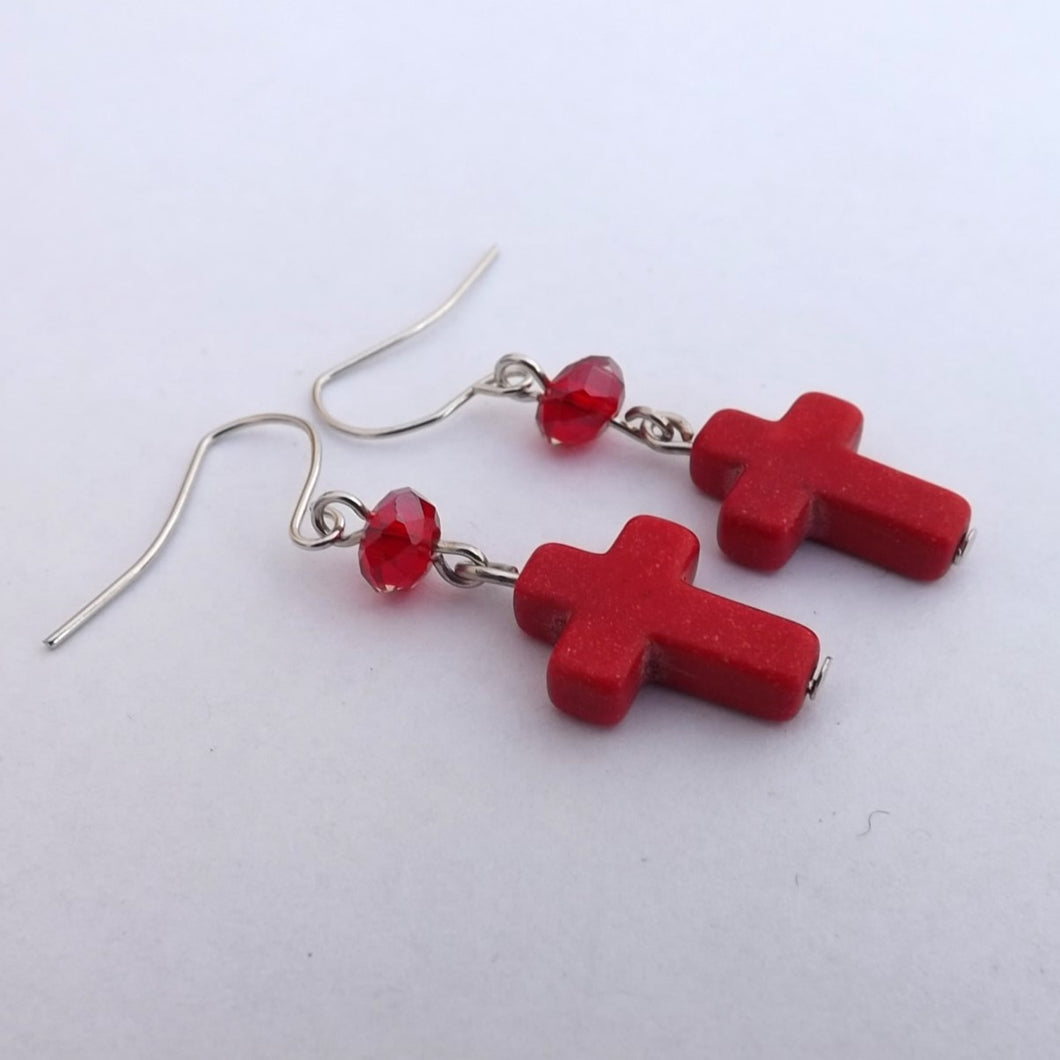 Handmade Red Cross & Bead Earrings