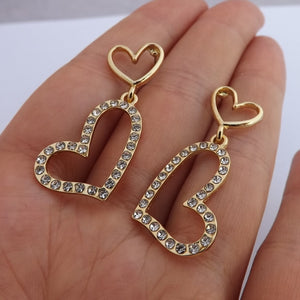 Heart Earrings Gold Tone & Diamante