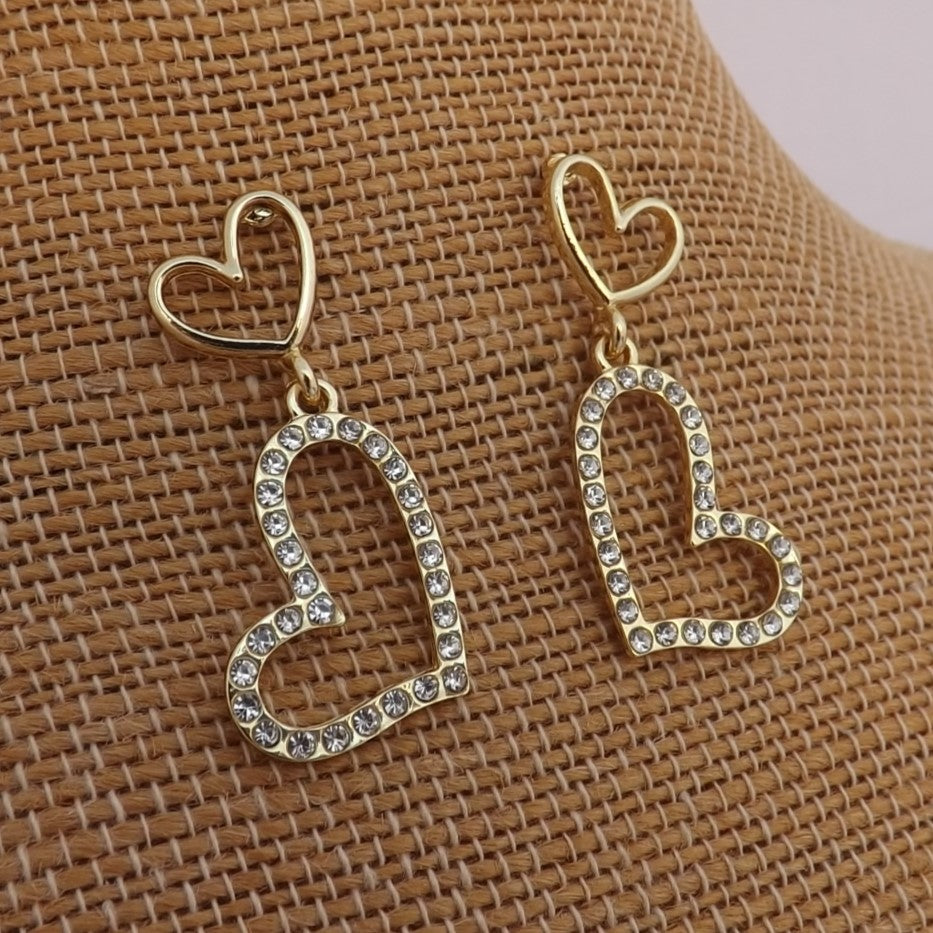 Heart Earrings Gold Tone & Diamante