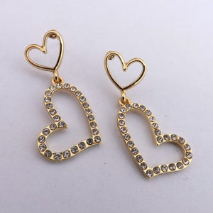 Heart Earrings Gold Tone & Diamante