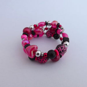 Hot Pink, Black & Silver Small Handmade Memory Wire Bead Bracelet