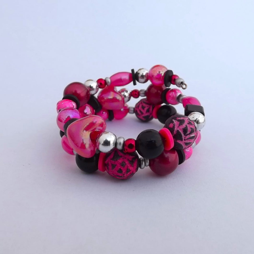 Hot Pink, Black & Silver Small Handmade Memory Wire Bead Bracelet