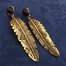 Load image into Gallery viewer, Large Gold Tone Feather with Black Faceted Stud, Earrings
