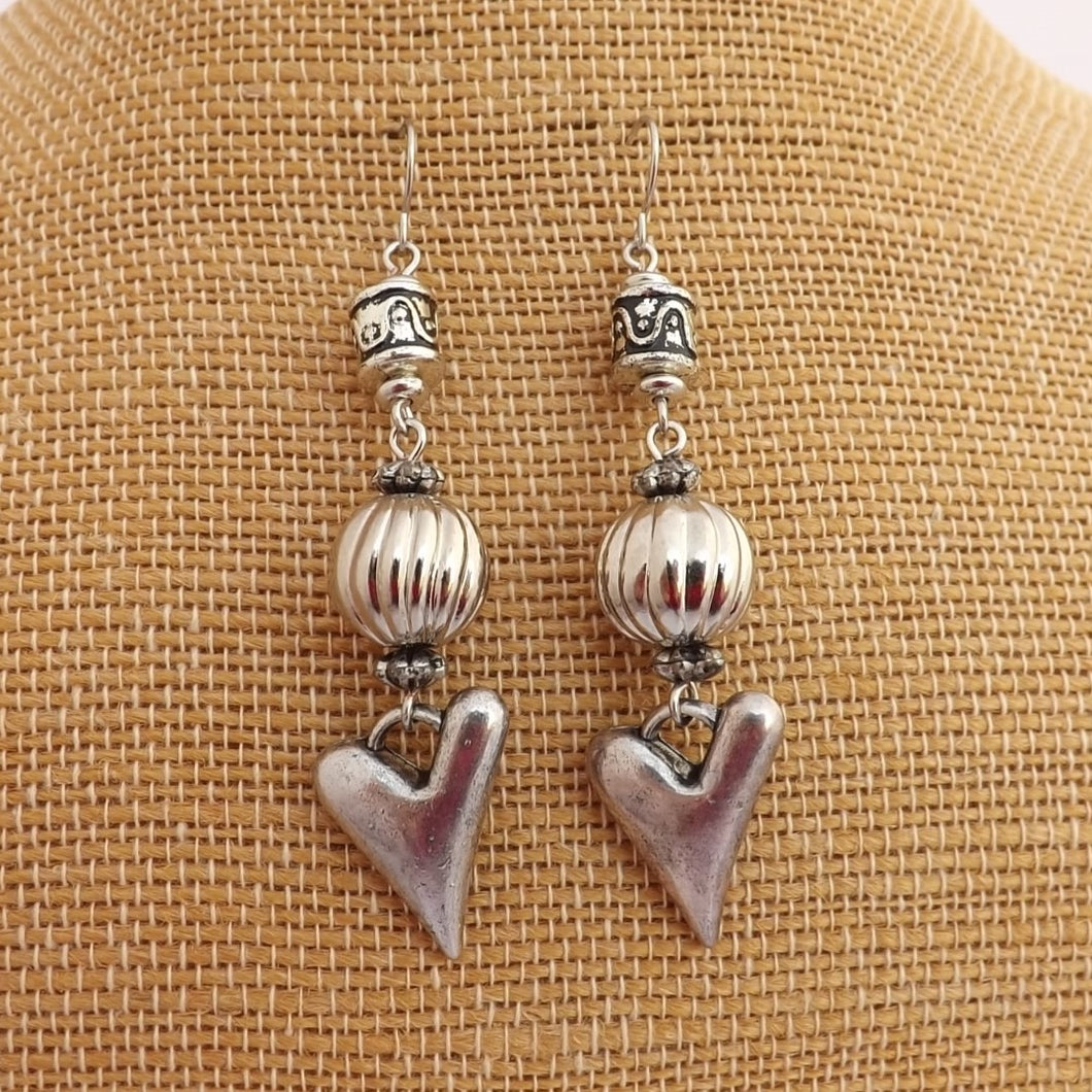 Large Silver Tone Bead & Heart Charm Handmade Earrings