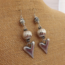 Load image into Gallery viewer, Large Silver Tone Bead &amp; Heart Charm Handmade Earrings
