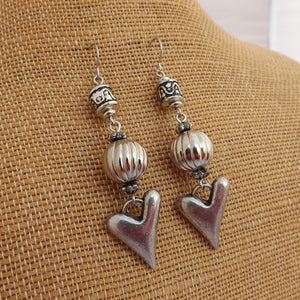 Large Silver Tone Bead & Heart Charm Handmade Earrings
