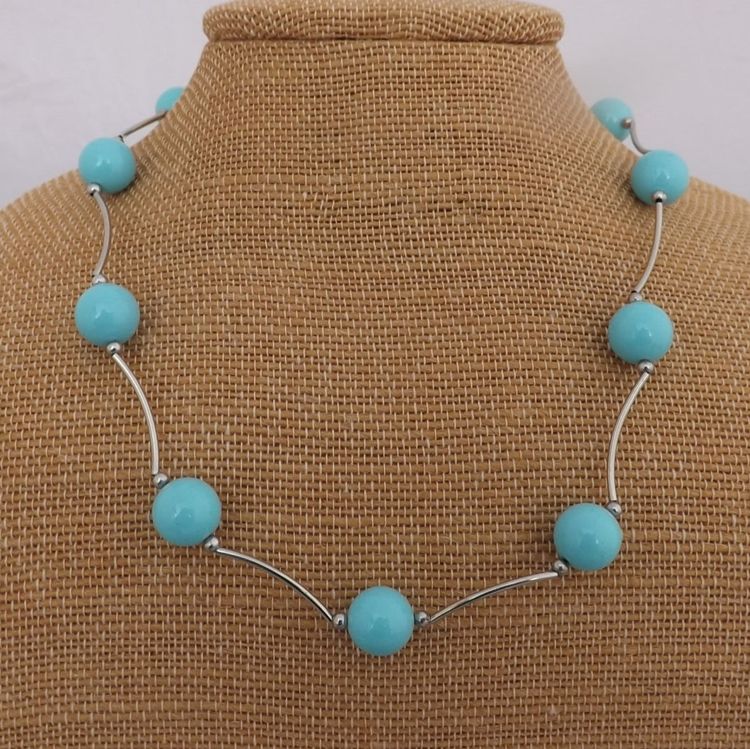 Light Blue Bead &  Silver Tone Necklace