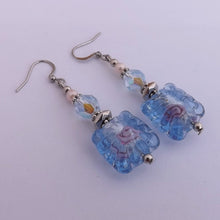 Load image into Gallery viewer, Light Blue Foil Lamp Work with Pink Flowers Handmade Bead Earrings
