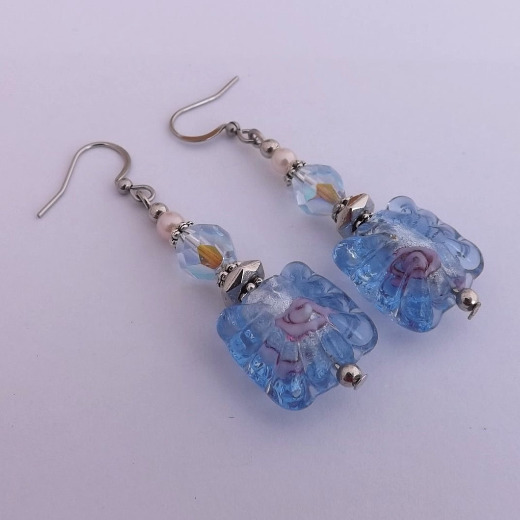 Light Blue Foil Lamp Work with Pink Flowers Handmade Bead Earrings