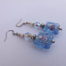 Load image into Gallery viewer, Light Blue Foil Lamp Work with Pink Flowers Handmade Bead Earrings

