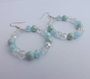 Light Blue & Clear Handmade Bead Hoop Dangle Earrings