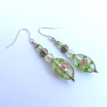 Load image into Gallery viewer, Light Green Floral Foil Glass Handmade Bead Earrings
