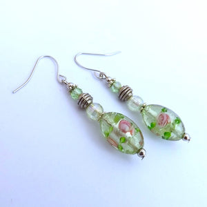 Light Green Floral Foil Glass Handmade Bead Earrings
