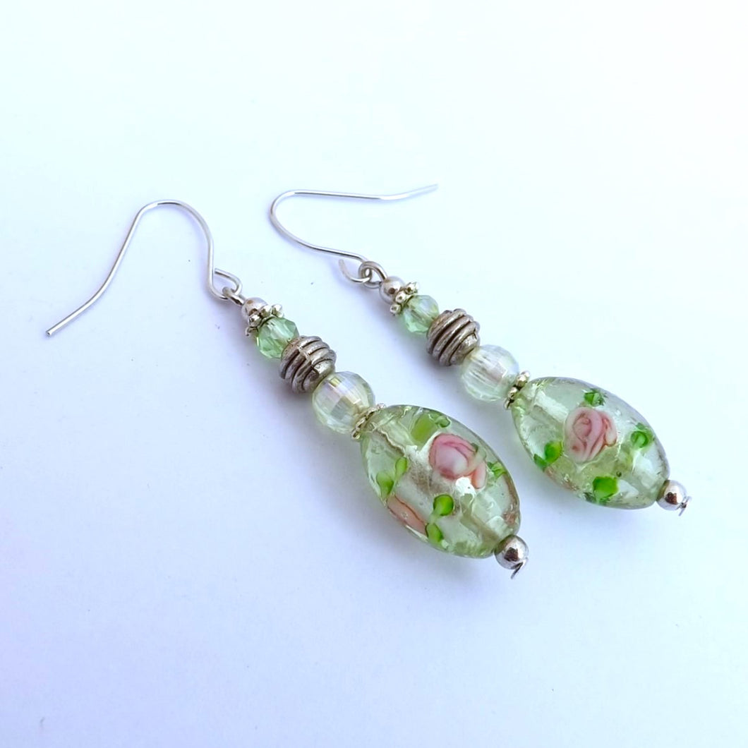 Light Green Floral Foil Glass Handmade Bead Earrings