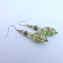 Load image into Gallery viewer, Light Green Floral Foil Glass Handmade Bead Earrings
