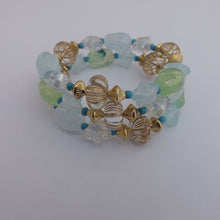 Load image into Gallery viewer, Light Green, Blue &amp; Gold Handmade Acrylic Bead Bracelet
