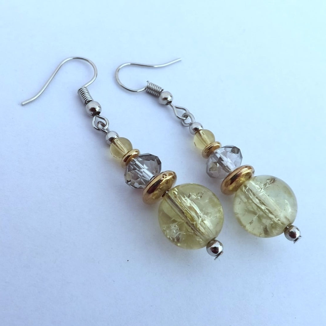 Light Green, Grey & Gold Handmade Crackle Glass Bead Earrings