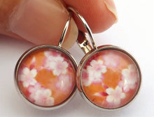 Load image into Gallery viewer, Light Pink Flowers on Orange  - Dome Earrings on Lever back hooks
