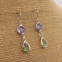 Load image into Gallery viewer, Light Purple &amp; Green, Silver Tone Drop Earrings
