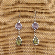 Load image into Gallery viewer, Light Purple &amp; Green, Silver Tone Drop Earrings
