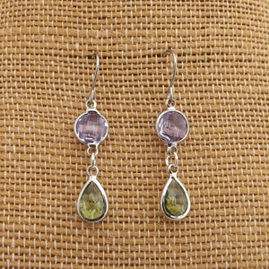 Light Purple & Green, Silver Tone Drop Earrings