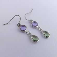 Load image into Gallery viewer, Light Purple &amp; Green, Silver Tone Drop Earrings
