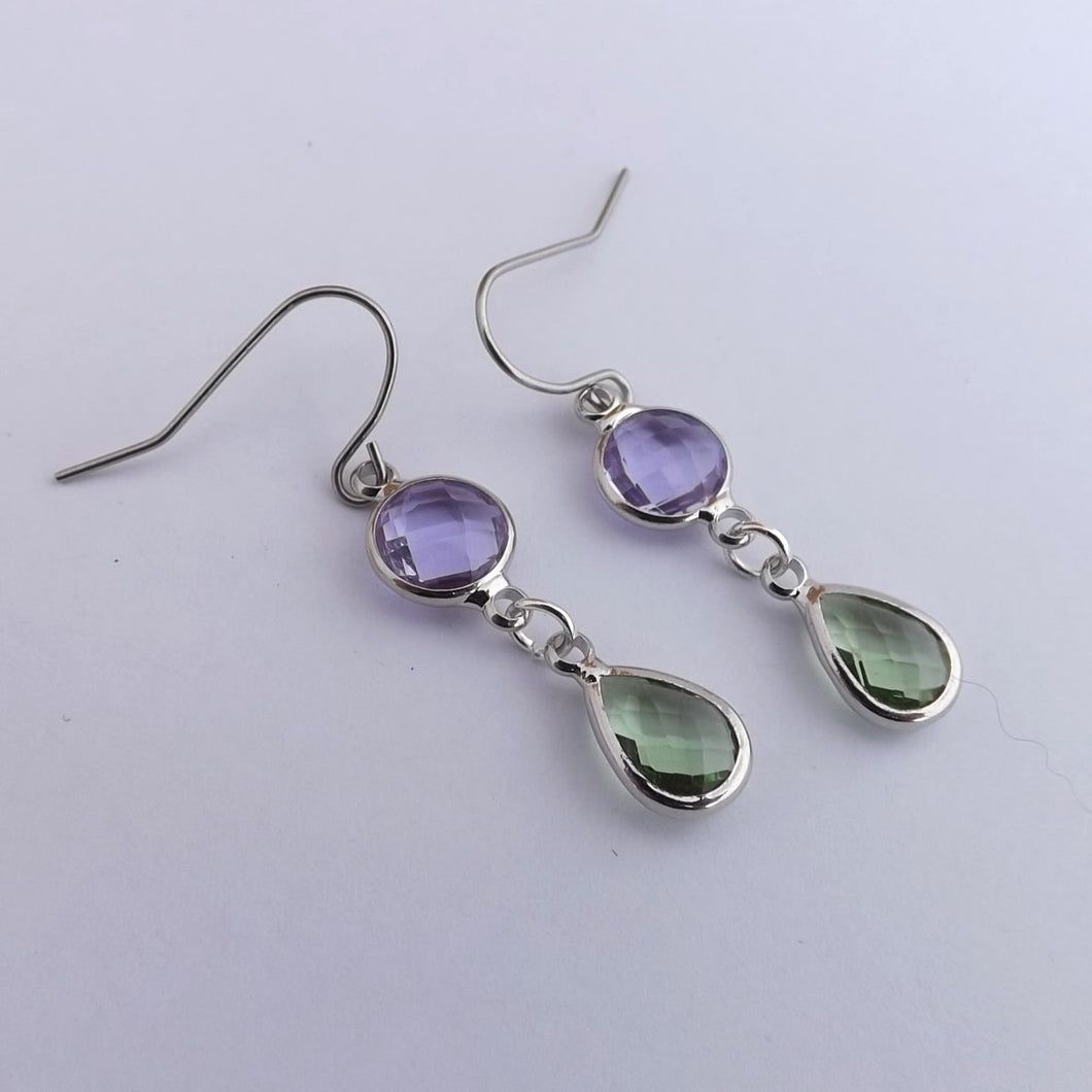 Light Purple & Green, Silver Tone Drop Earrings