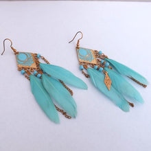 Load image into Gallery viewer, Light Blue &amp; Gold Feather &amp; Chain Filigree Drop Earrings
