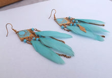 Load image into Gallery viewer, Light Blue &amp; Gold Feather &amp; Chain Filigree Drop Earrings
