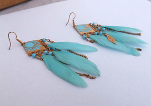 Light Blue & Gold Feather & Chain Filigree Drop Earrings