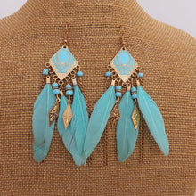 Load image into Gallery viewer, Light Blue &amp; Gold Feather &amp; Chain Filigree Drop Earrings
