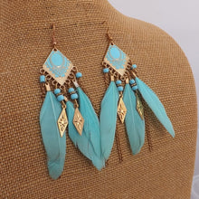 Load image into Gallery viewer, Light Blue &amp; Gold Feather &amp; Chain Filigree Drop Earrings
