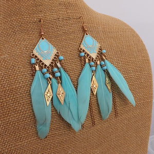 Light Blue & Gold Feather & Chain Filigree Drop Earrings