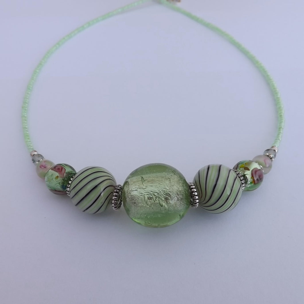 Light Green Handmade Lamp Work Bead Necklace (Made in NZ)
