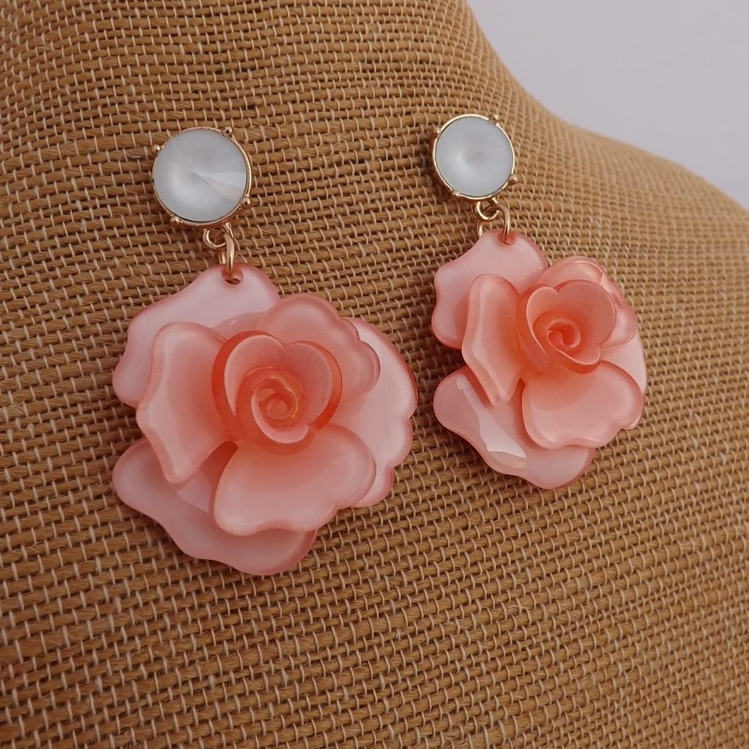 Light Pink & White Floral Acrylic 3D Flower Drop Stud Earrings