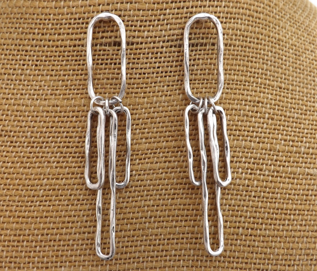 Long Beaten Silver Tone Oval Link Earrings