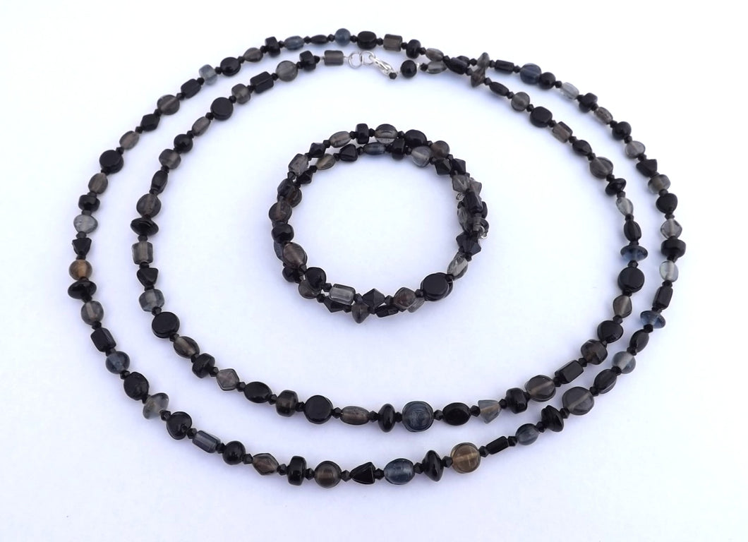 Long Black & Grey Glass Bead Necklace & Memory Wire Bracelet Set