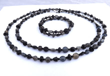 Load image into Gallery viewer, Long Black &amp; Grey Glass Bead Necklace &amp; Memory Wire Bracelet Set
