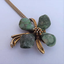 Load image into Gallery viewer, Malachite? or Jadeite? Vintage Stone Flower, Gold Tone Pendant Necklace
