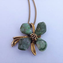 Load image into Gallery viewer, Malachite? or Jadeite? Vintage Stone Flower, Gold Tone Pendant Necklace
