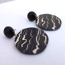 Load image into Gallery viewer, Marbled Black &amp; Off White Round Acrylic Drop Earrings on Stud Setting
