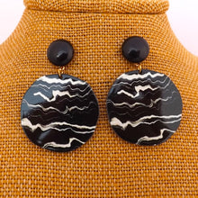 Load image into Gallery viewer, Marbled Black &amp; Off White Round Acrylic Drop Earrings on Stud Setting
