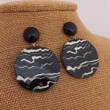 Load image into Gallery viewer, Marbled Black &amp; Off White Round Acrylic Drop Earrings on Stud Setting
