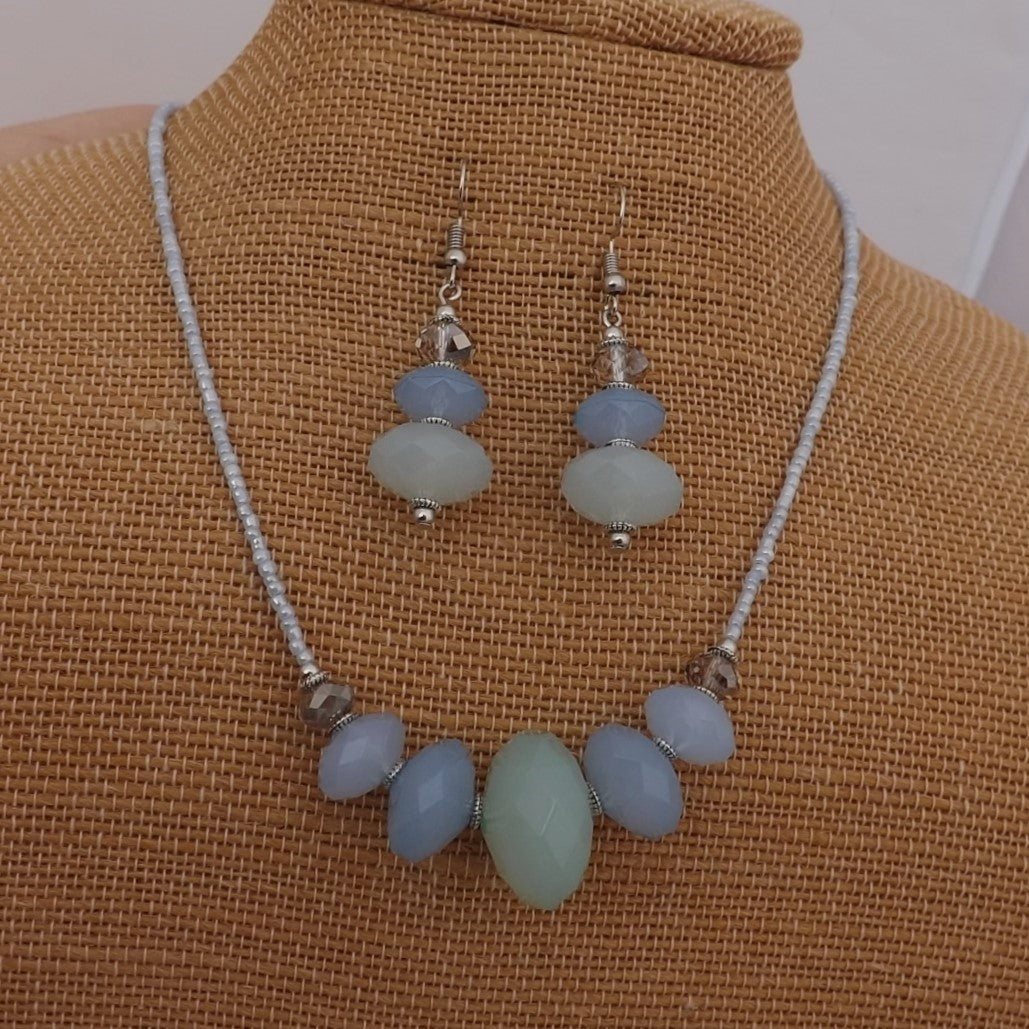 Milky Green & Blue Handmade Acrylic Bead Necklace & Earrings Set