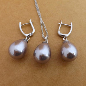 Mushroom Grey Large Faux Pearl Pendant Necklace & Earrings Set