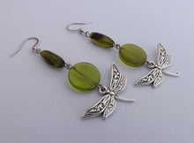 Load image into Gallery viewer, Olive Green &amp; Silver Tone Dragonfly Earrings
