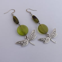 Load image into Gallery viewer, Olive Green &amp; Silver Tone Dragonfly Earrings
