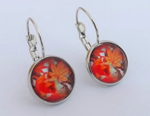 Load image into Gallery viewer, Orange Autumn Leaves Silver Tone Dome Earrings on Lever Back Hooks
