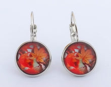 Load image into Gallery viewer, Orange Autumn Leaves Silver Tone Dome Earrings on Lever Back Hooks
