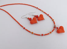 Load image into Gallery viewer, Orange Heart Bead Necklace with Matching Earrings
